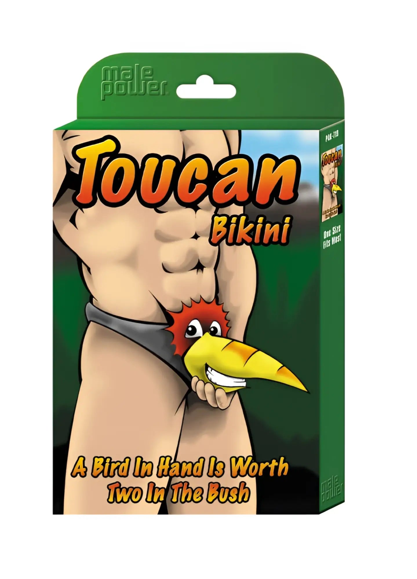 Male power toucan bikini novelty underwear in green packaging with cartoon illustration one size fits all