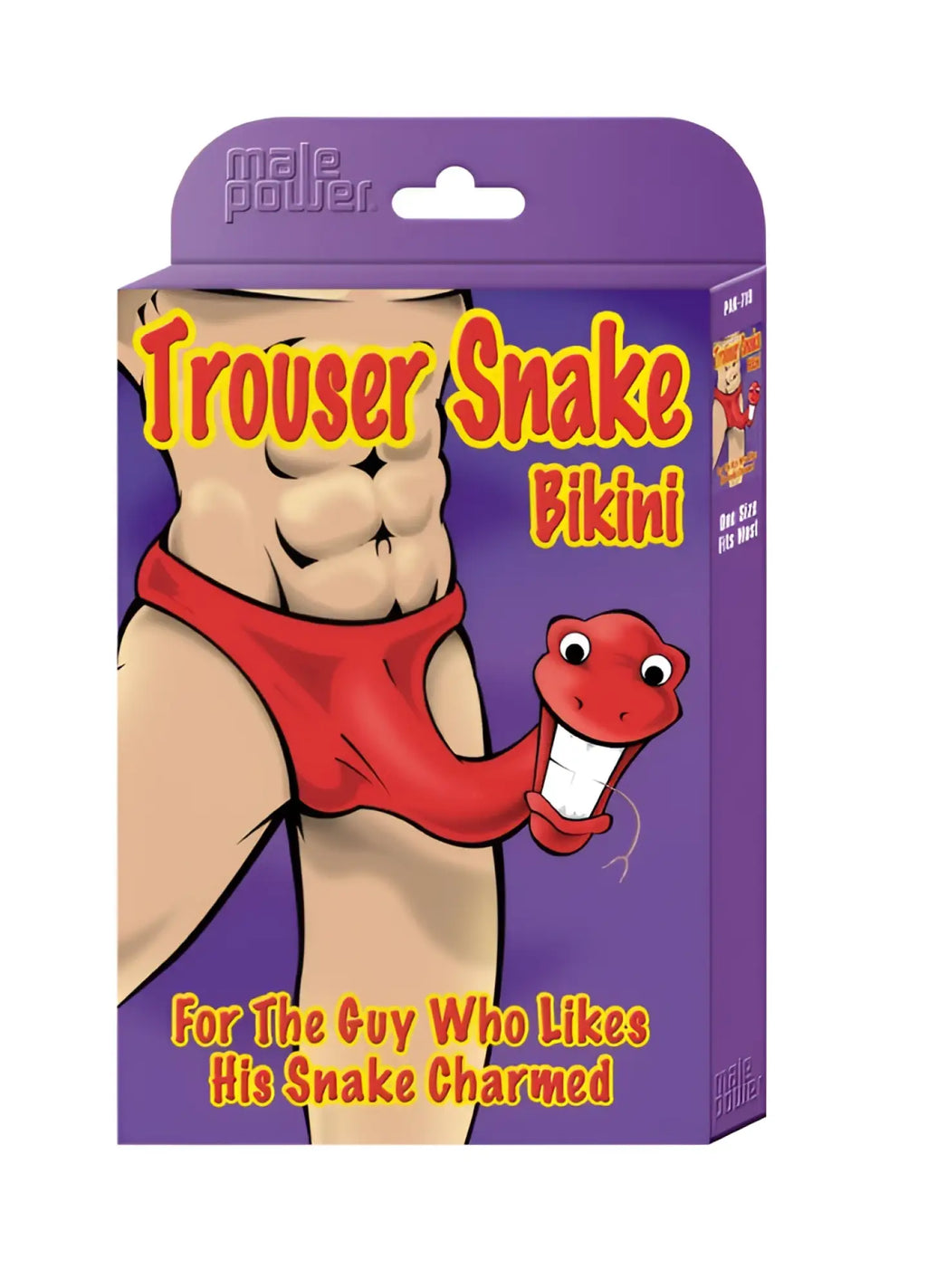 Red cartoon snake-themed men’s bikini underwear in one size packaged in a purple box with bold yellow text