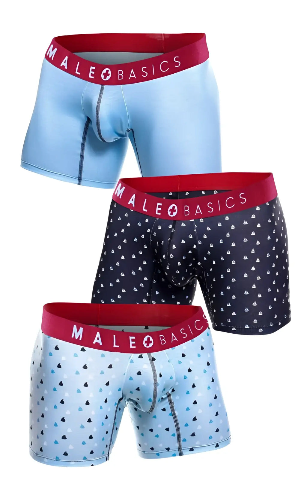 Set of three malebasics boxer briefs in light blue, dark navy with white sailboats, and light blue with black triangles