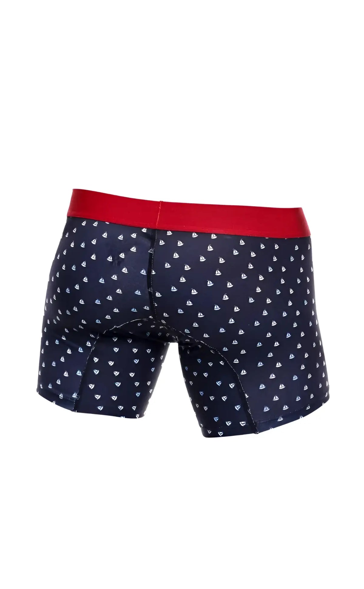 Navy blue malebasics boxer briefs with red waistband and white sailboat pattern in a 3-pack set