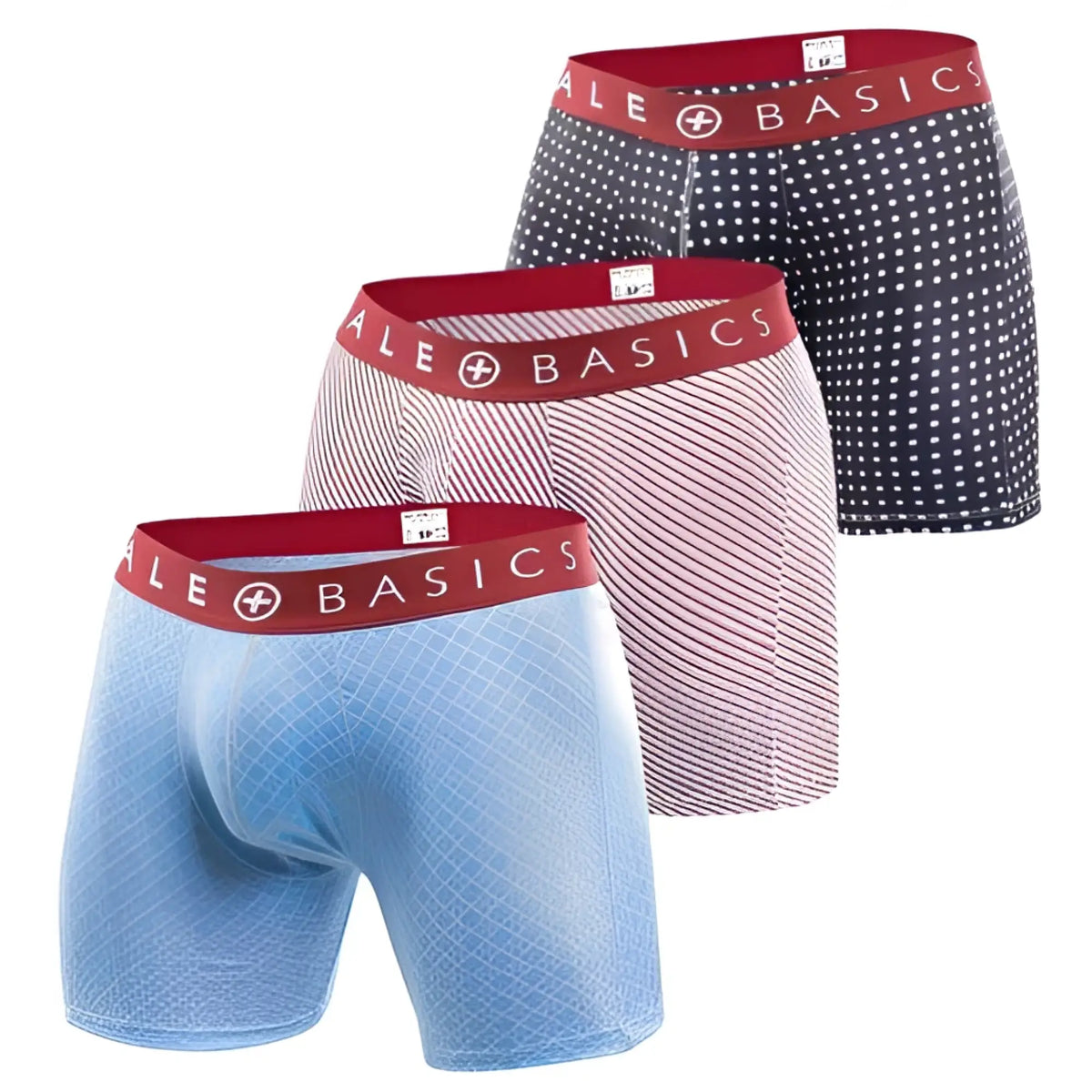 Set of MaleBasics 3-pack menâ€™s boxer briefs in blue pink and navy with white polka dots stripes and red elastic waistbands