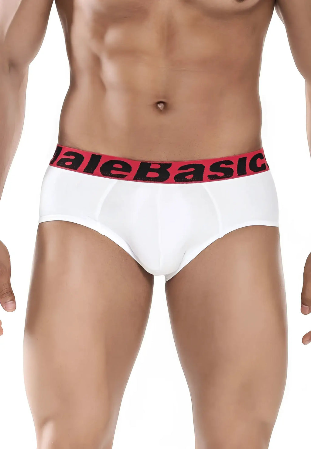 Malebasics 3-pack white menâ€™s briefs with red elastic waistband and black malebasic logo for everyday comfort
