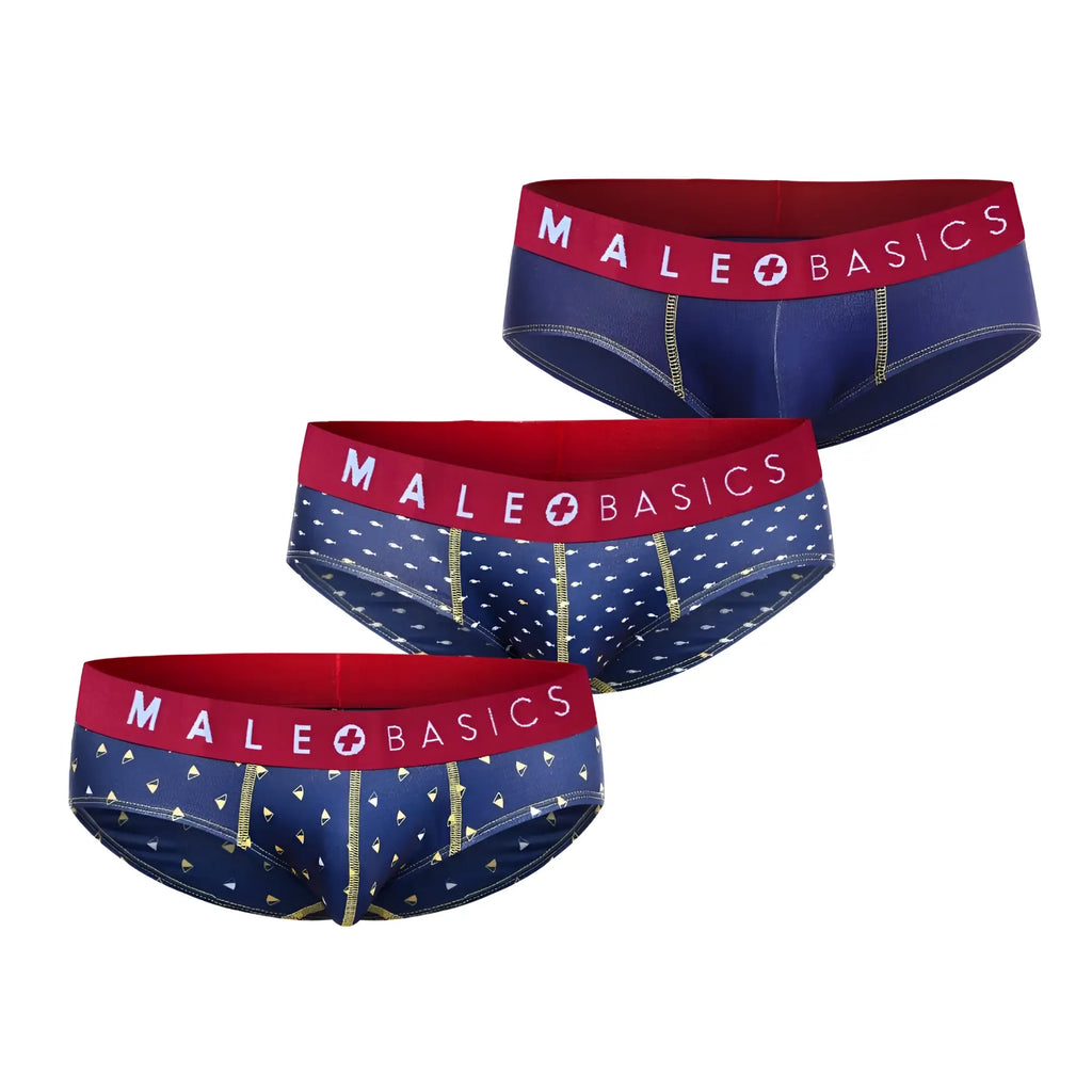Set of three navy blue male basics briefs with white diamond patterns gold zippers and red branded waistband marine print