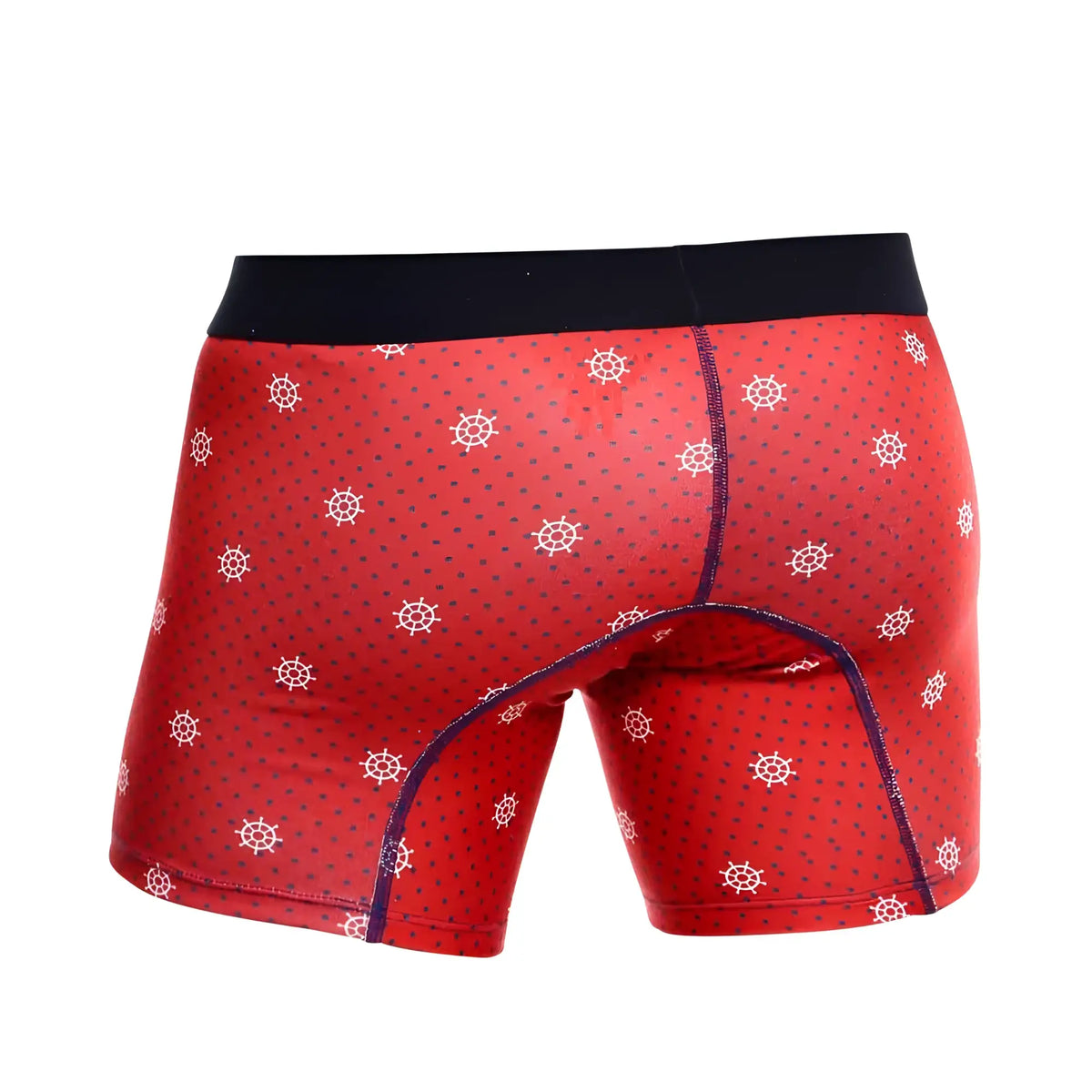 Malebasics red menâ€™s boxer briefs with navy waistband and white ship wheel pattern in a 3-pack timon set