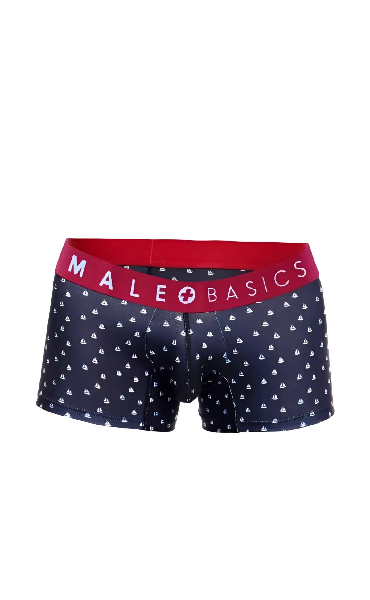 Dark blue menâ€™s boxer briefs with white sailboat pattern and red male basics waistband in a 3 pack trunk boats set