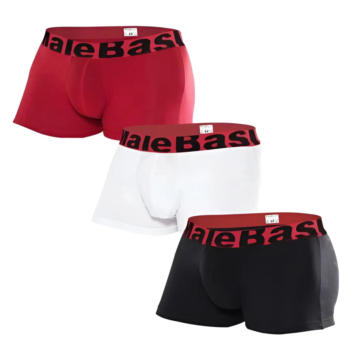Set of three malebasics boxer briefs in red white and black with contrasting elastic waistband and brand name