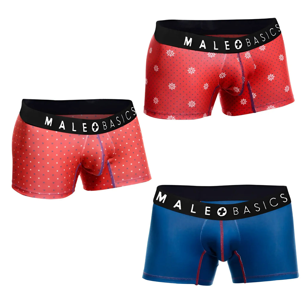 Male basics 3-pack trunk Timon featuring red patterned and solid blue boxer briefs with black elastic waistbands