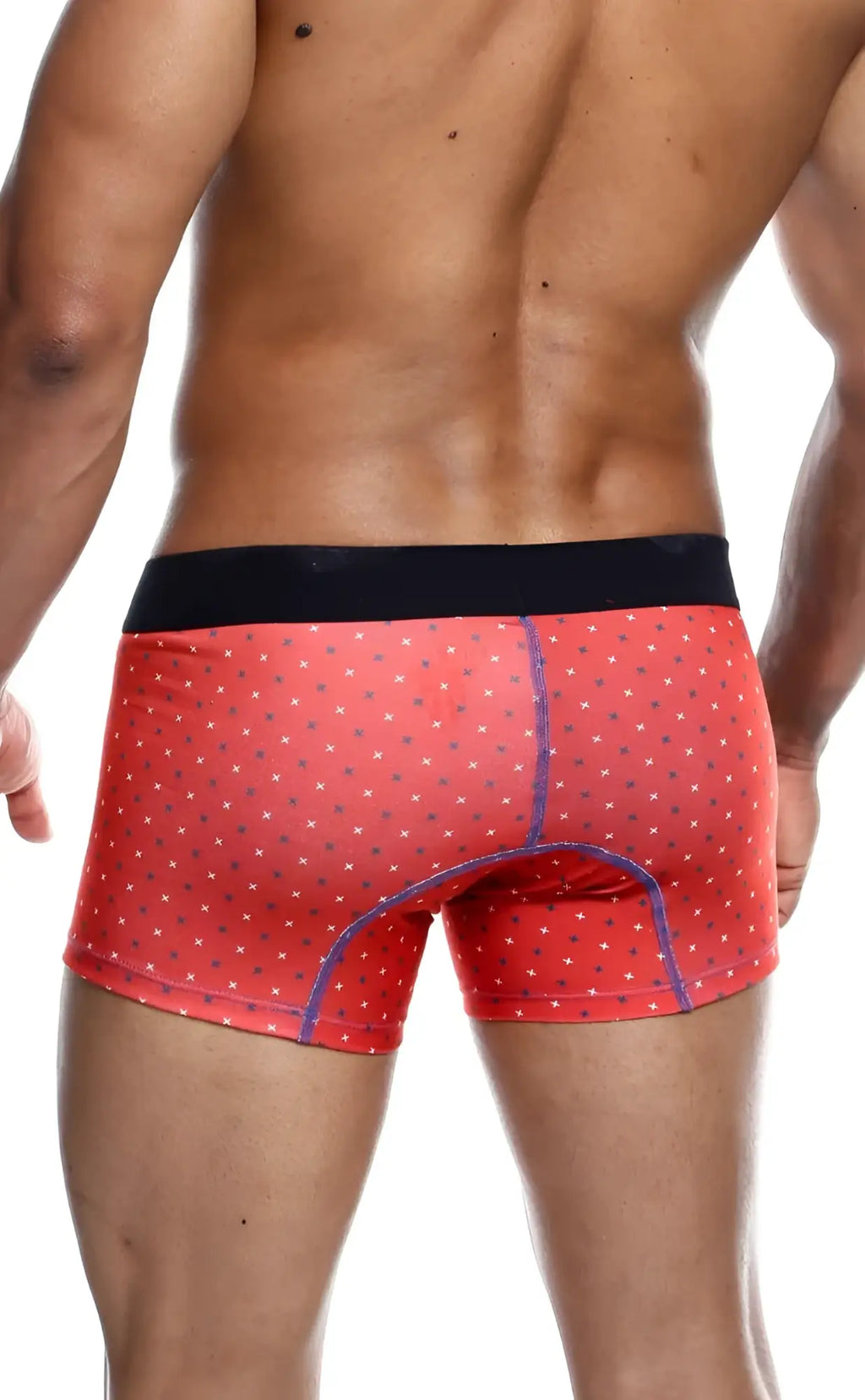 Malebasics 3-pack trunk timon red boxer briefs with black waistband, white star patterns, and purple seam stitching