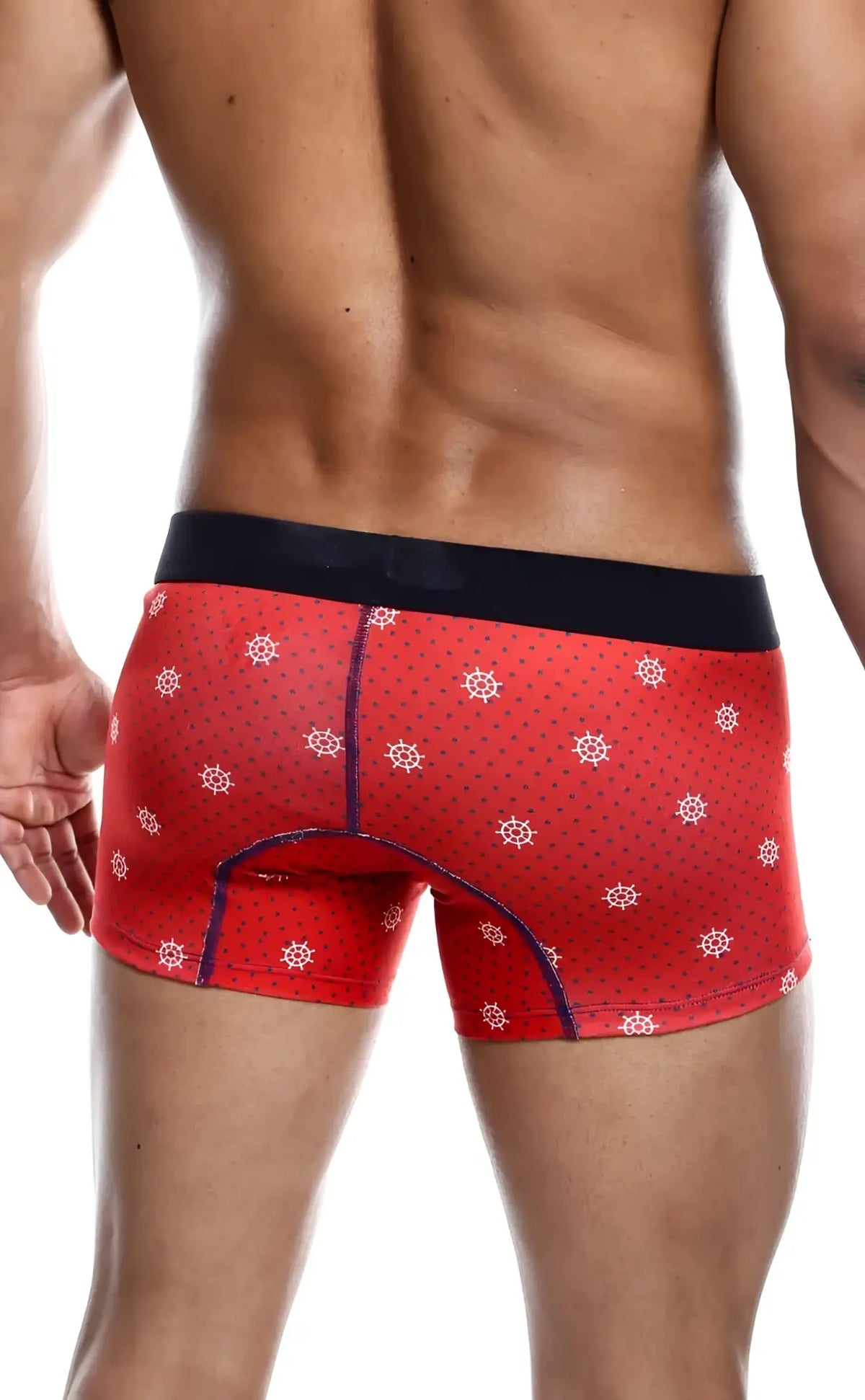 Red menâ€™s boxer briefs with white ship wheel patterns and black waistband from malebasics 3-pack trunk timon