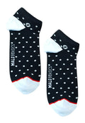 Black malebasics ankle socks with white polka dots white toe and heel and red trim featuring brand name on side
