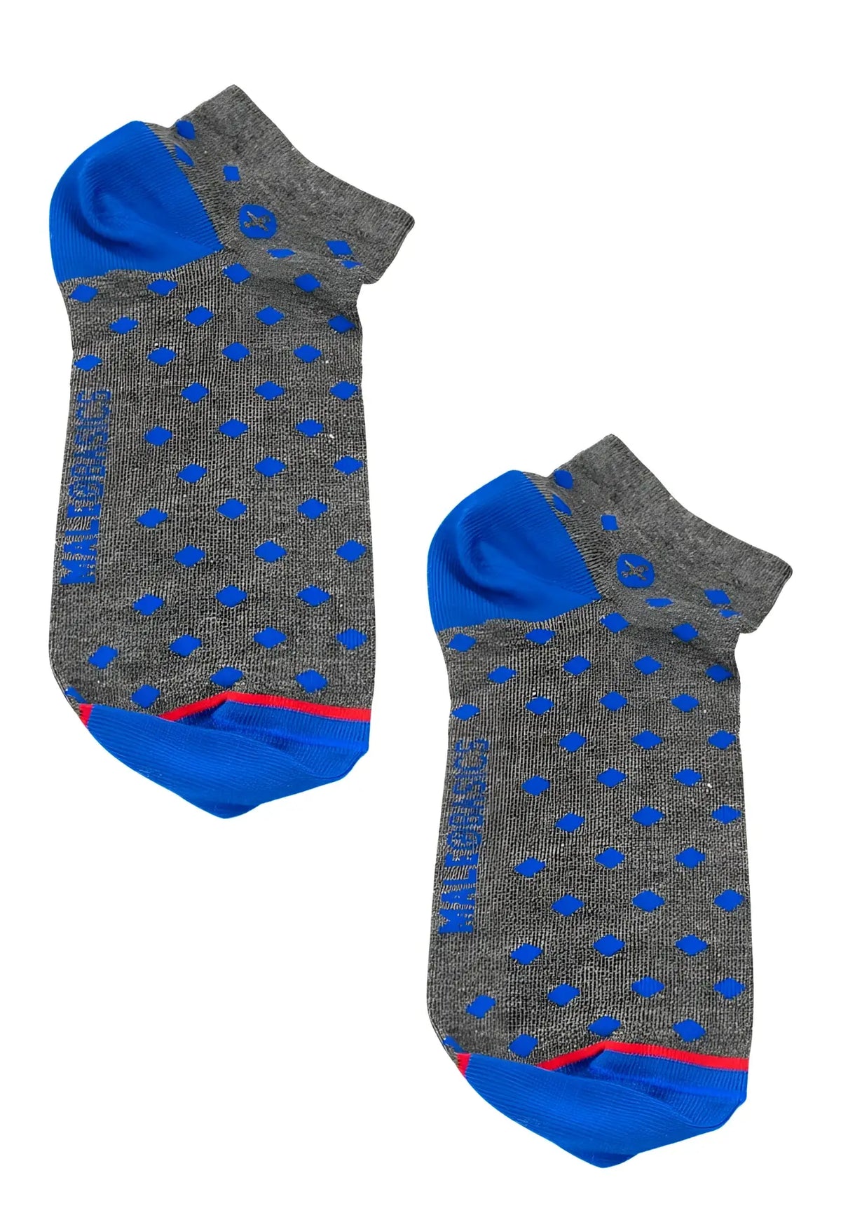 Malebasics ankle sock rombos gray ankle socks with blue polka dots bright blue toe heel and red sole trim