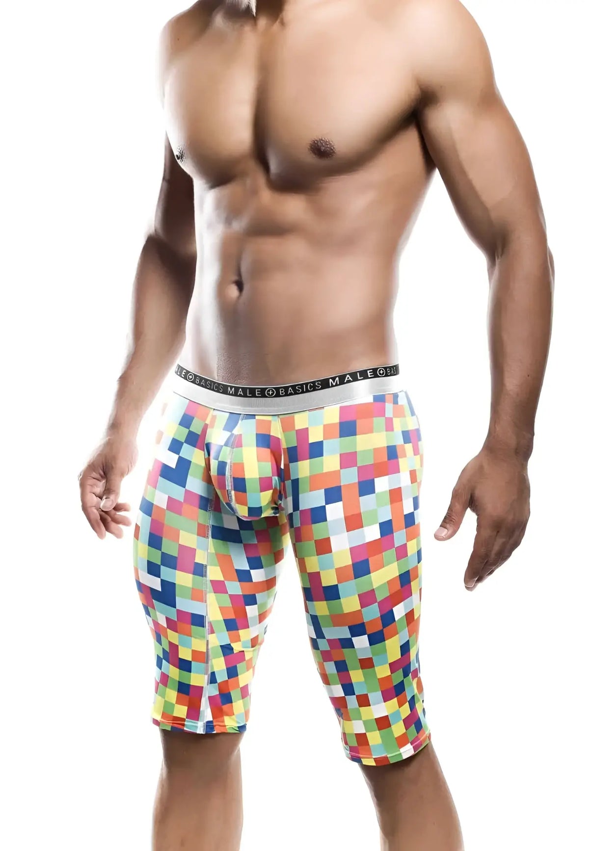 Malebasics athletic new hipster boxer brief mb204 features multicolored pixel pattern and white waistband with brand name