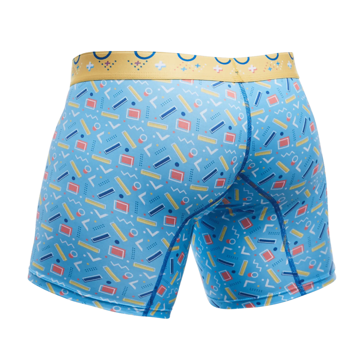 Malebasics boxer brief in blue with retro yellow red and white geometric pattern and contrasting gold waistband
