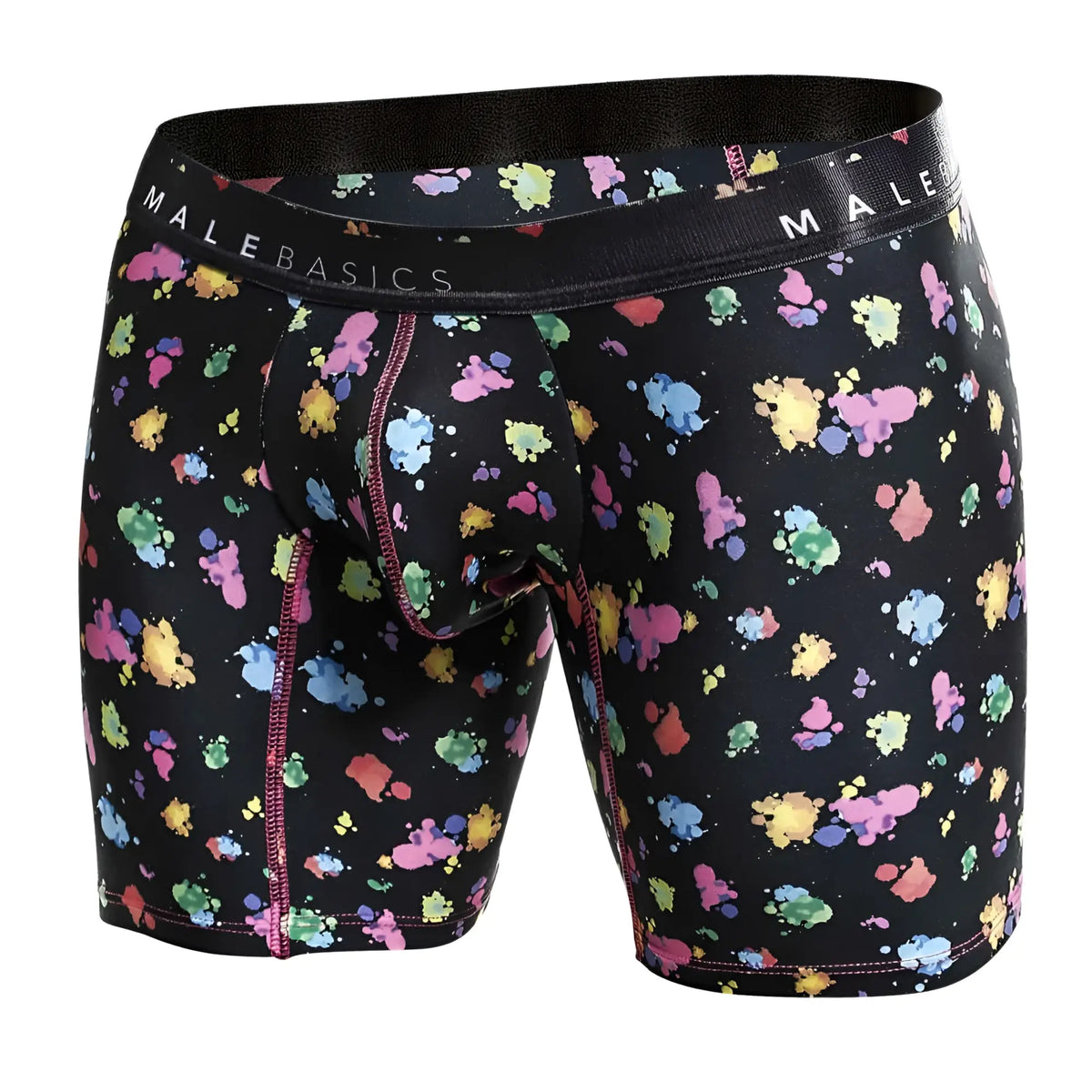 Malebasics boxer brief hipster black splash features a vibrant multicolored paint splatter with pink seam stitching