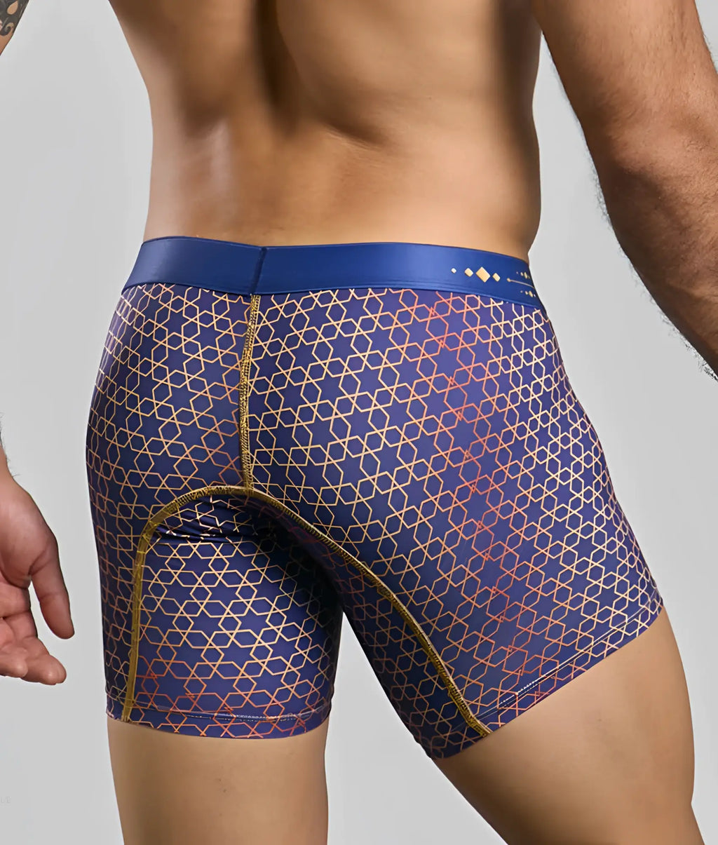 Malebasics boxer brief hipster blue boxer briefs with gold and red geometric pattern and matching blue waistband