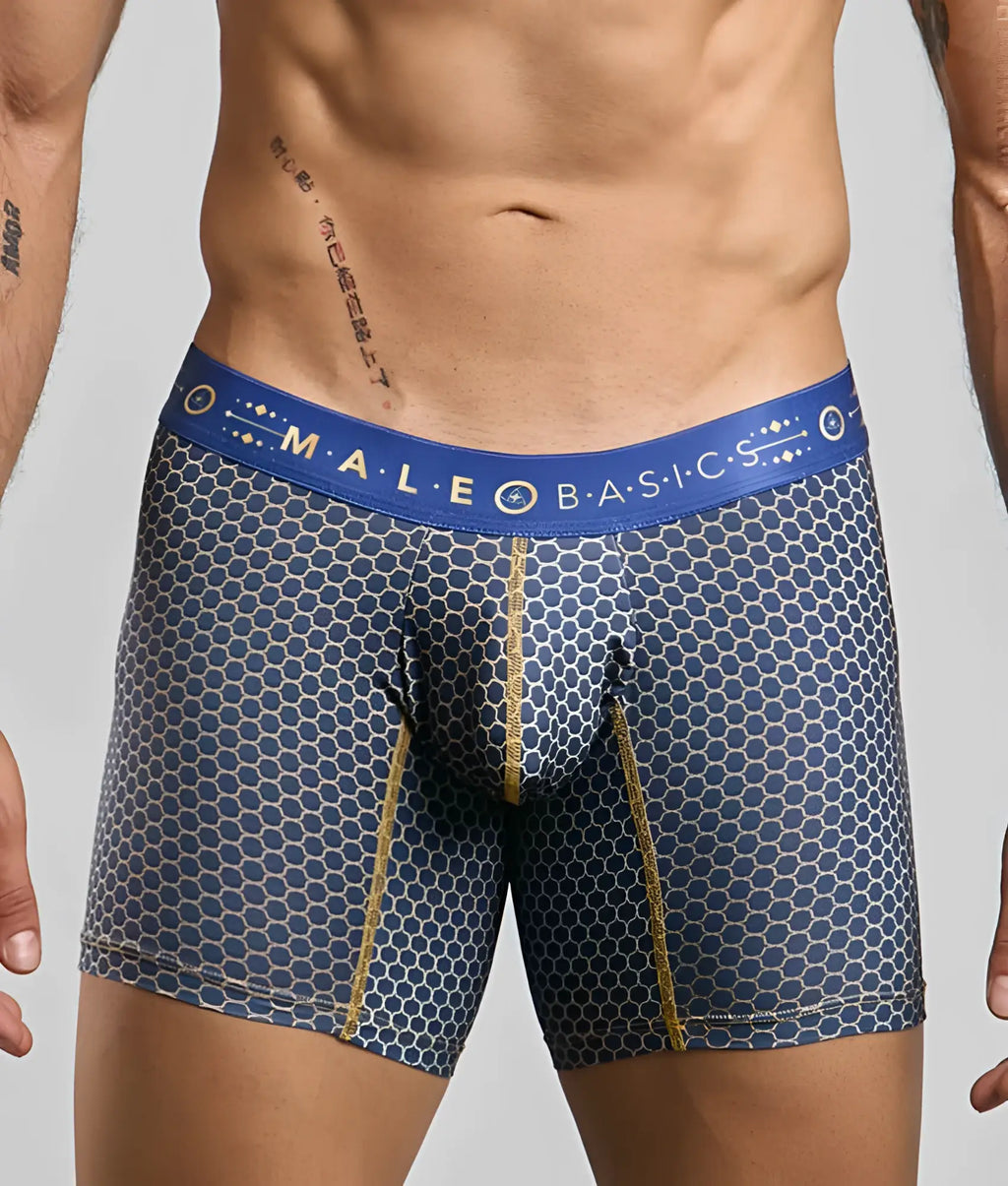 Malebasics boxer brief hipster menâ€™s underwear in blue and gold hexagonal pattern with branded waistband