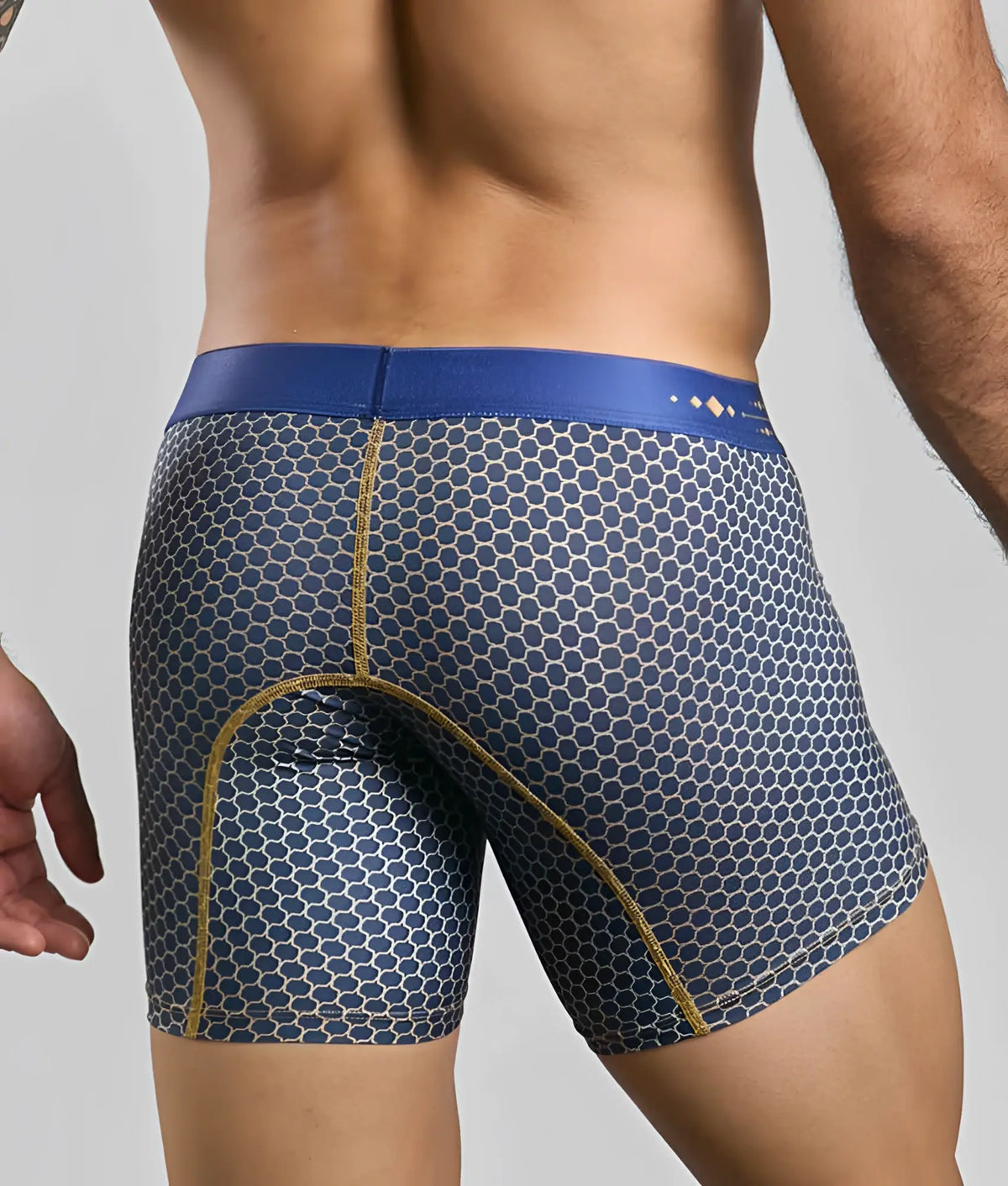 MaleBasics boxer brief hipster in blue and gold hexagonal pattern with solid blue waistband for men