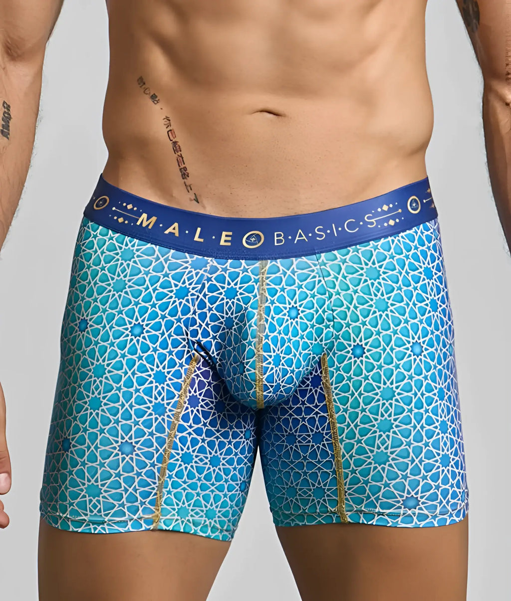 Blue patterned menâ€™s boxer briefs with geometric design and gold trim from malebasics hipster collection