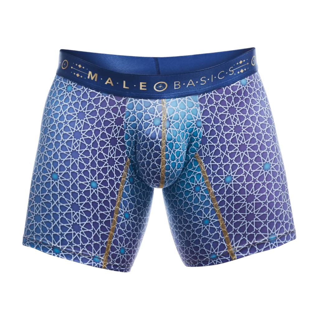 Blue patterned menâ€™s boxer briefs with geometric star design and gold trim branded male basics waistband hipster style
