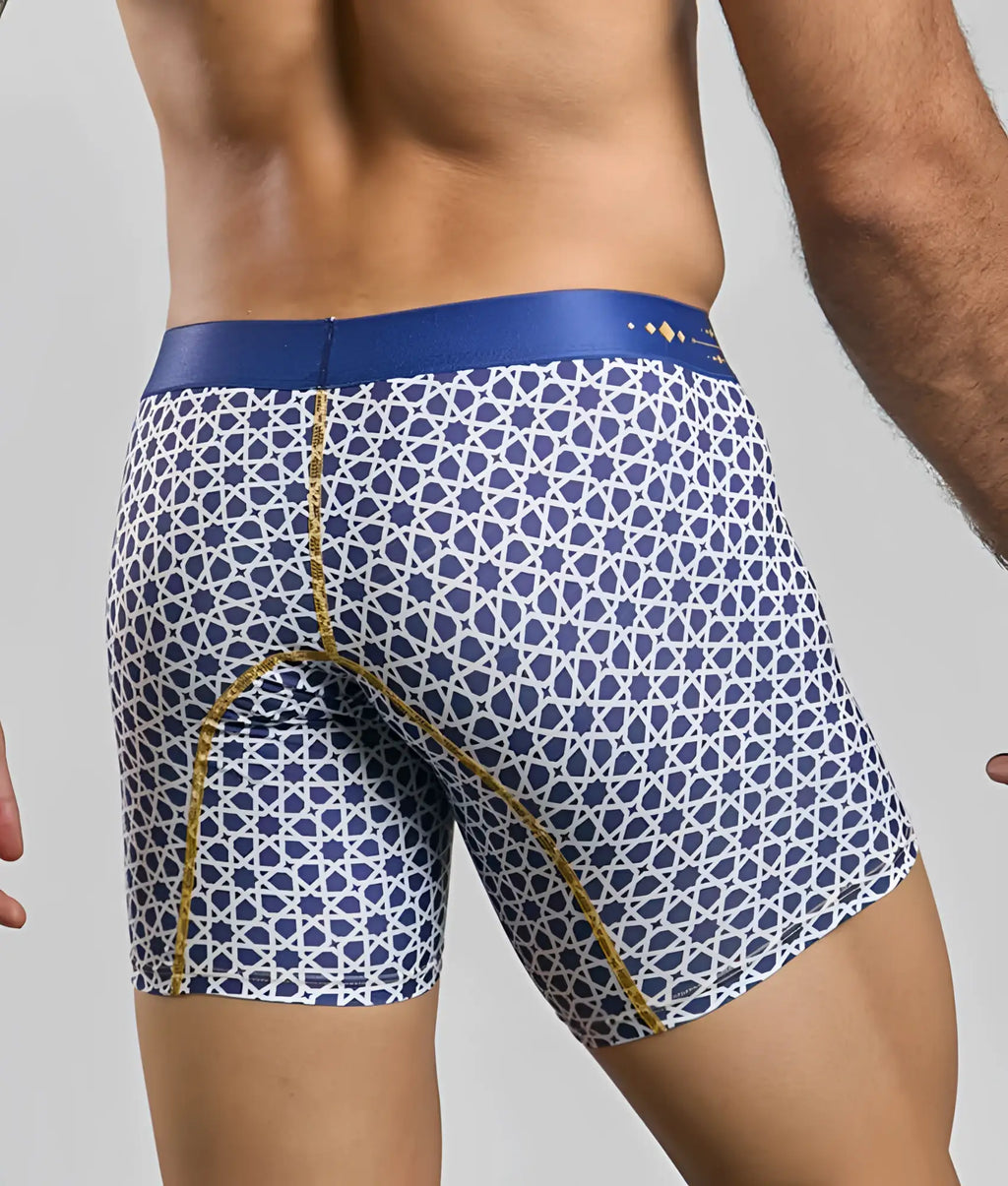 Malebasics boxer brief hipster with blue and white geometric pattern and gold trim along the seams
