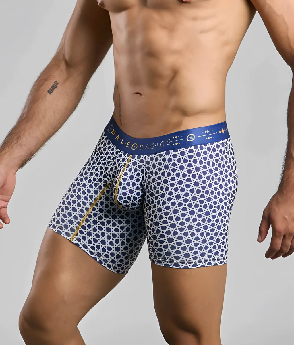 MaleBasics boxer brief hipster in blue and white geometric pattern with gold trim and branded waistband
