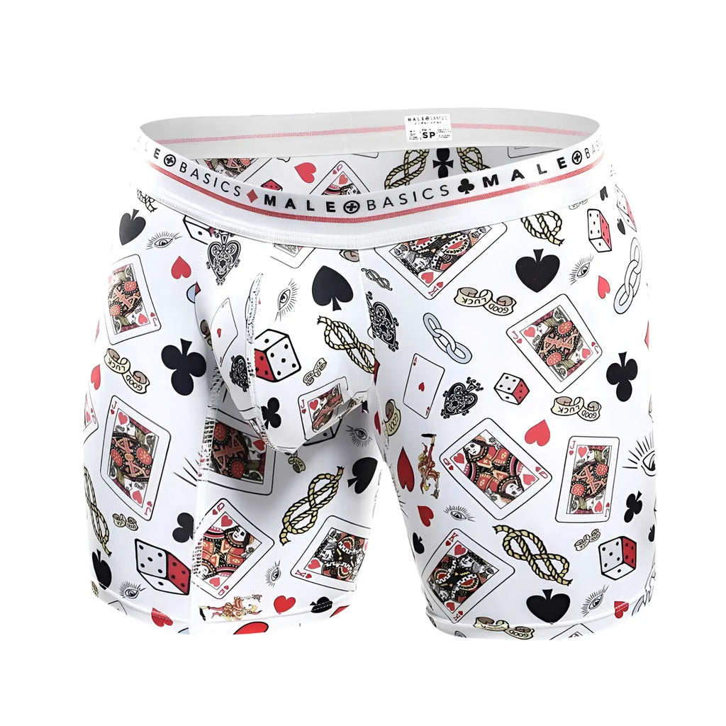 Malebasics boxer brief hipster poker with playful playing cards dice and hearts pattern in black red and gold on white
