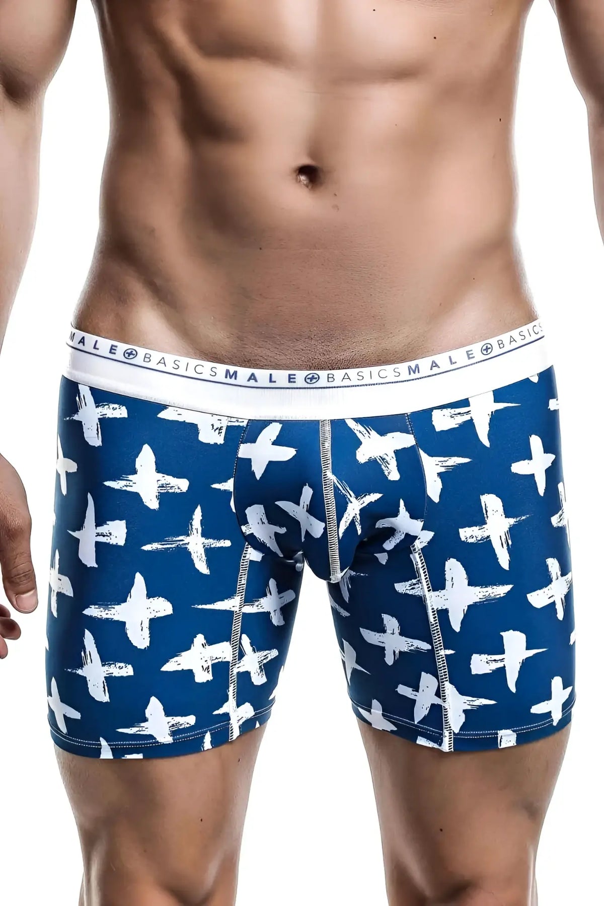 Malebasics boxer brief hipster santorini in blue with white airplane pattern and white waistband with male basics logo