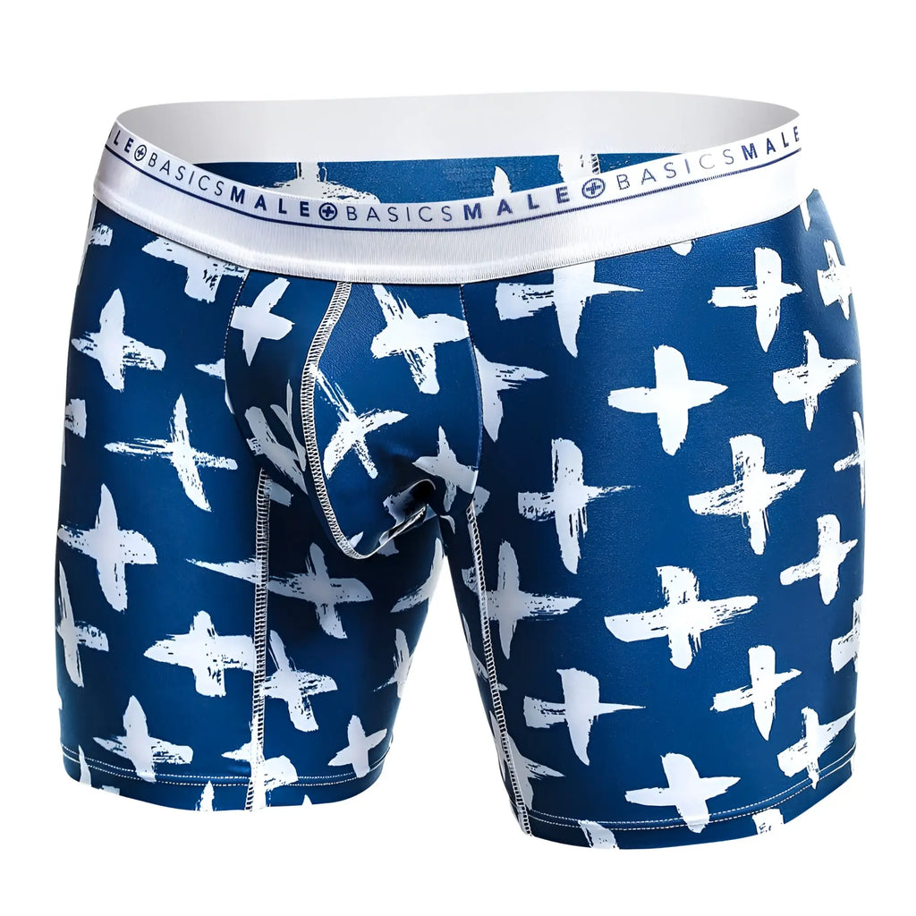 Malebasics boxer brief hipster santorini in blue and white patterned fabric with branded elastic waistband
