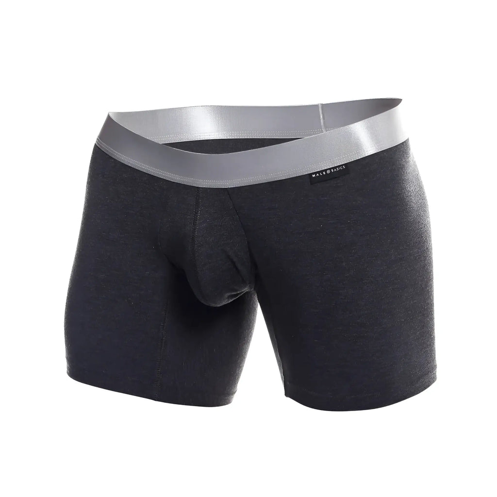 Dark heather gray menâ€™s boxer briefs with silver waistband made basics label made from pima cotton for comfort