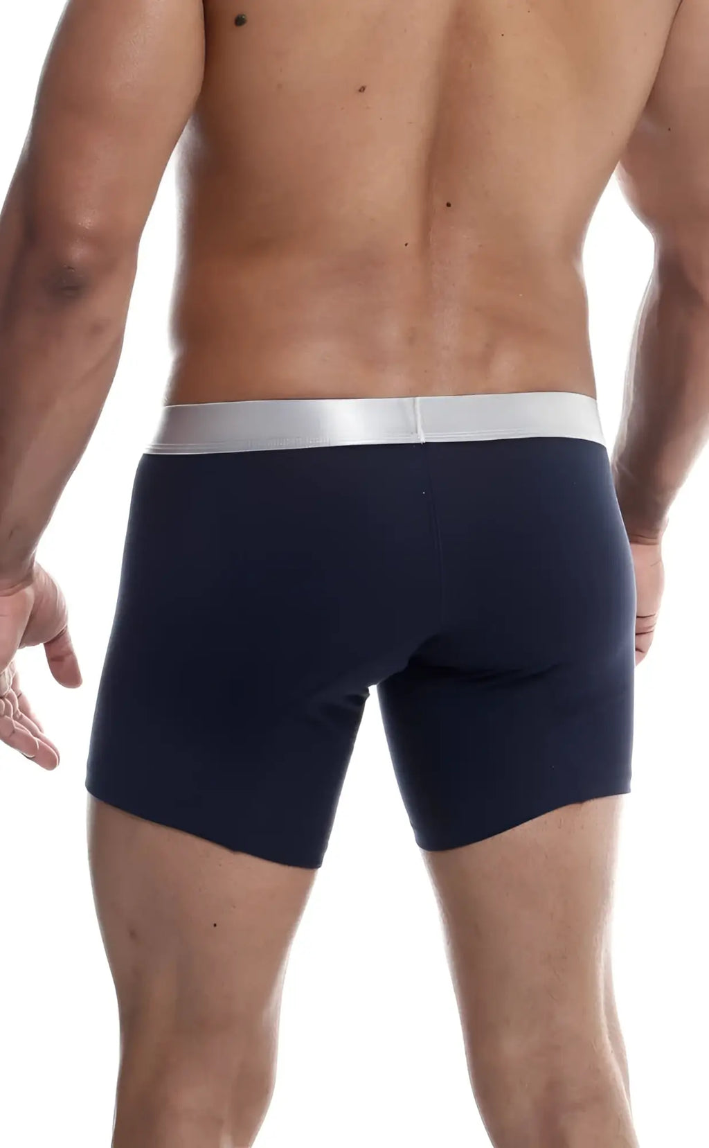 Navy blue MaleBasics boxer brief pima with silver waistband made from soft breathable cotton blend fabric