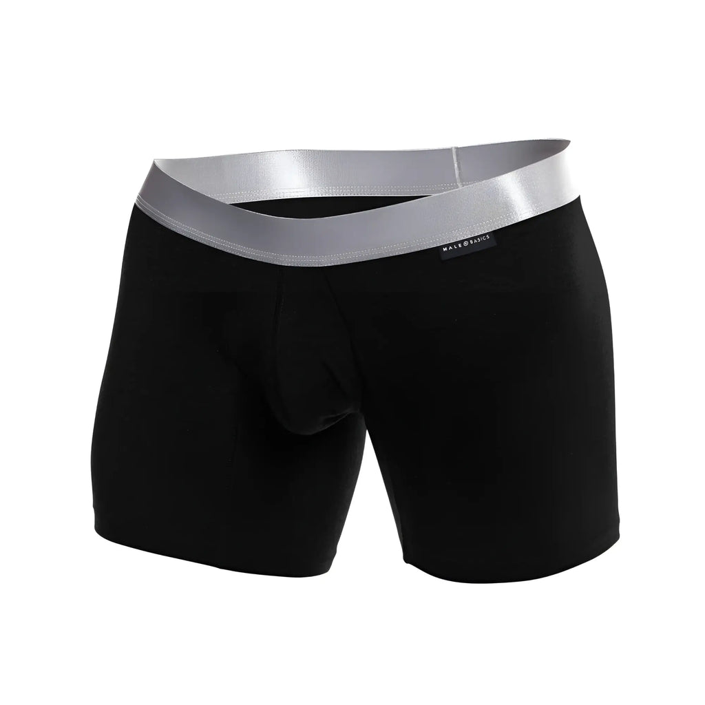 Black menâ€™s boxer briefs with shiny silver waistband made by made basic in soft pima cotton for everyday comfort