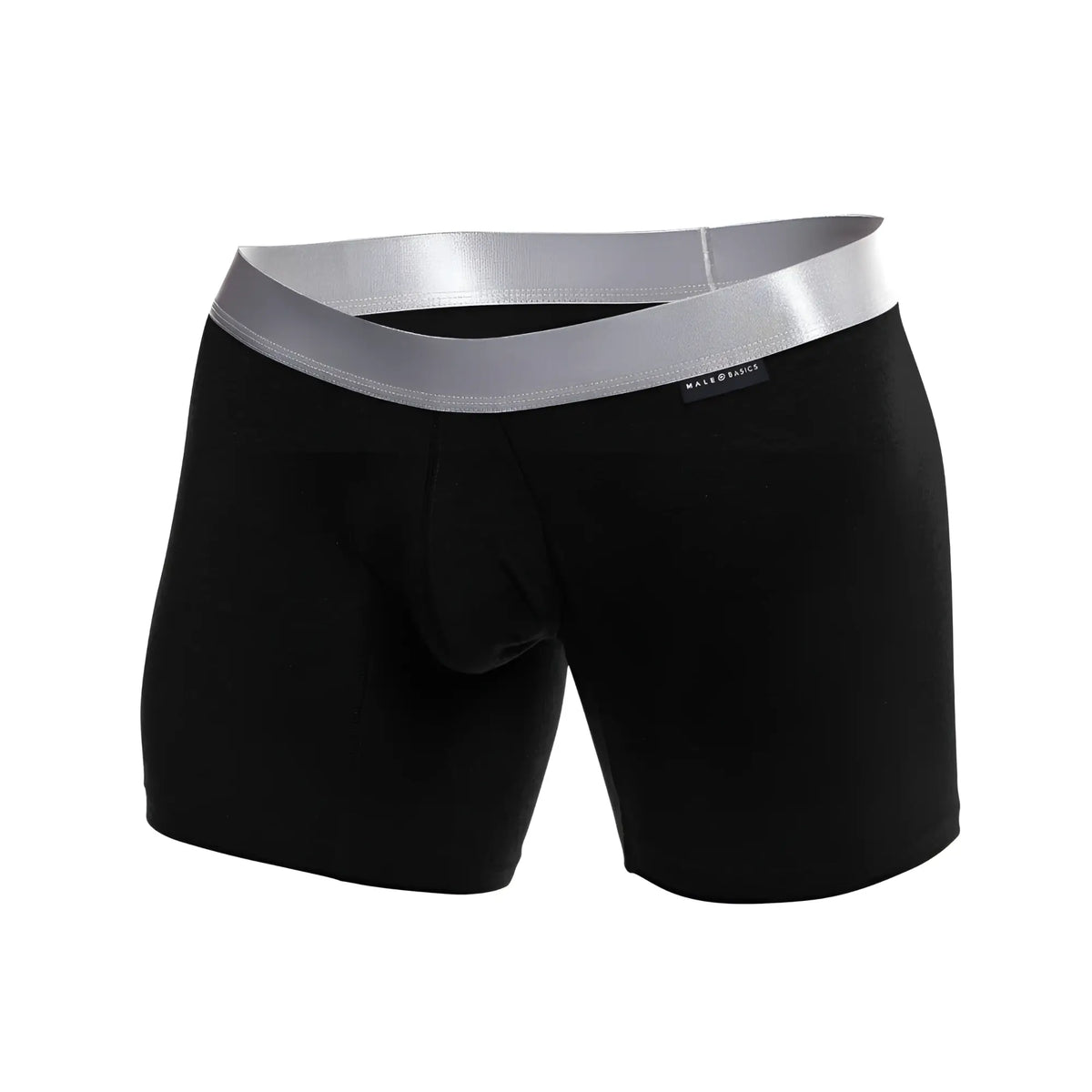 Black menâ€™s boxer briefs with shiny silver waistband made by made basic in soft pima cotton for everyday comfort