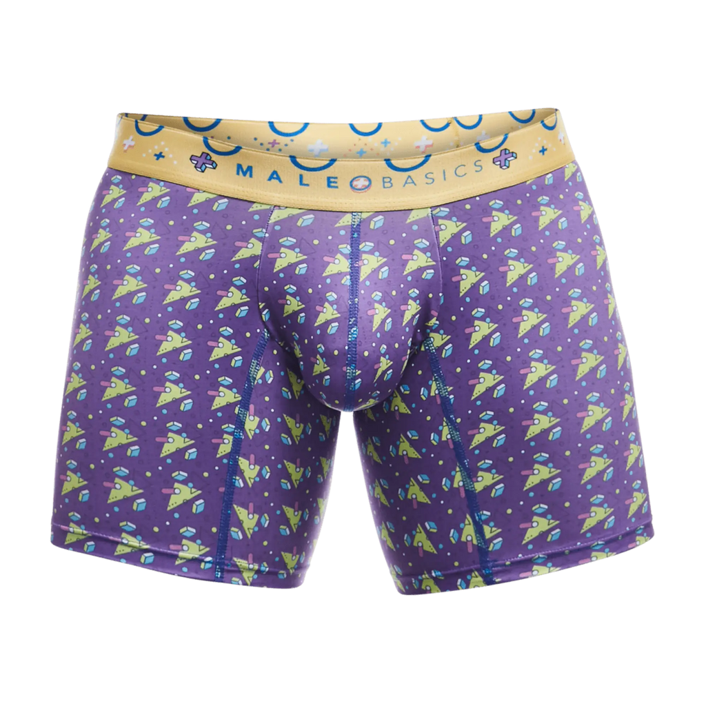 Purple malebasics boxer briefs with lime green and light blue geometric pattern and yellow branded waistband