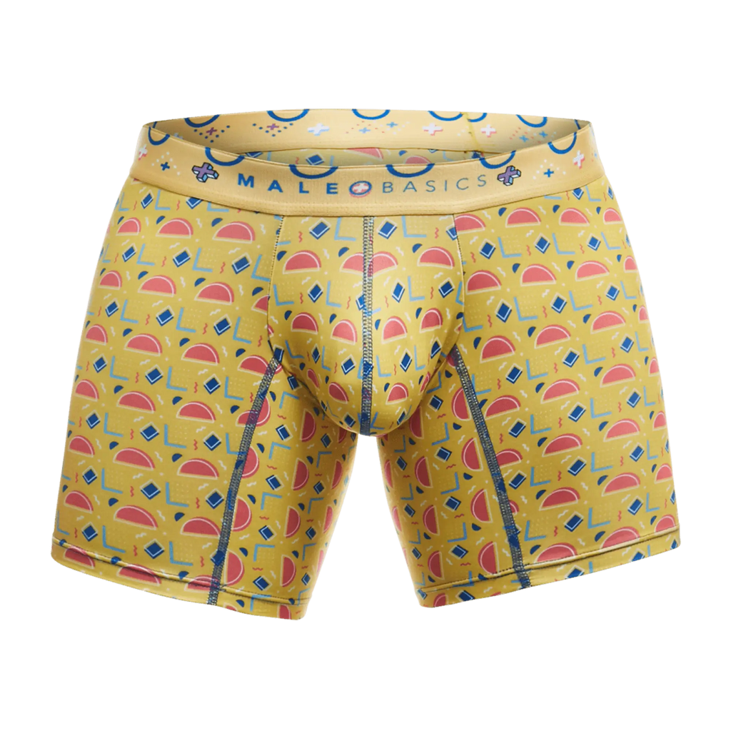 Yellow malebasics boxer briefs with a playful pink watermelon and blue diamond pattern on vibrant yellow fabric