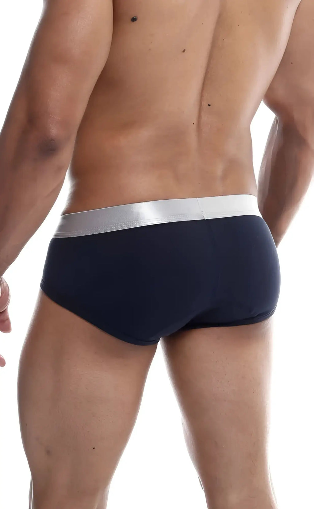 Navy blue male basics brief pima with silver waistband made from soft pima cotton for comfortable support