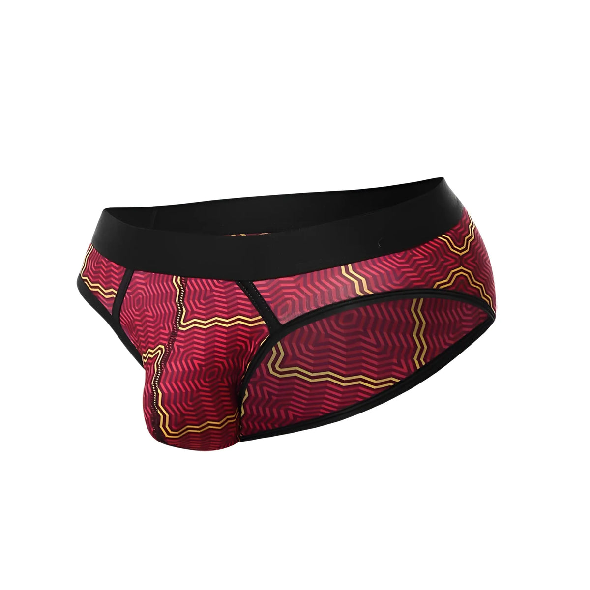Malebasics brief sexy pouch red and gold patterned briefs with black elastic waistband for comfortable support