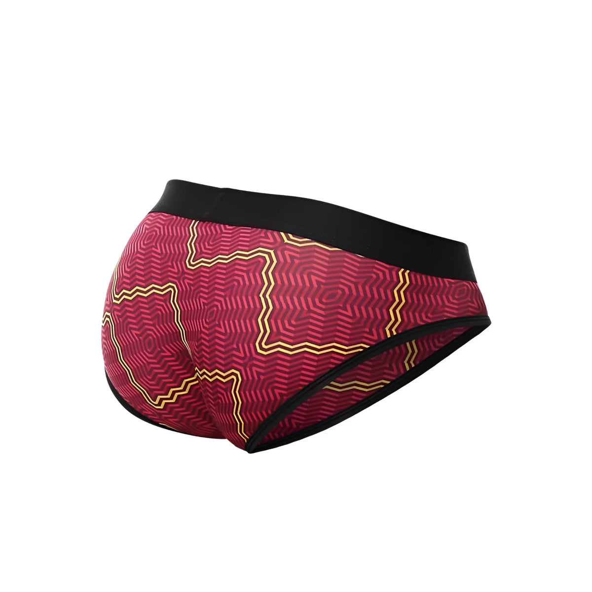 Malebasics brief sexy pouch red and gold patterned briefs with black elastic waistband for men