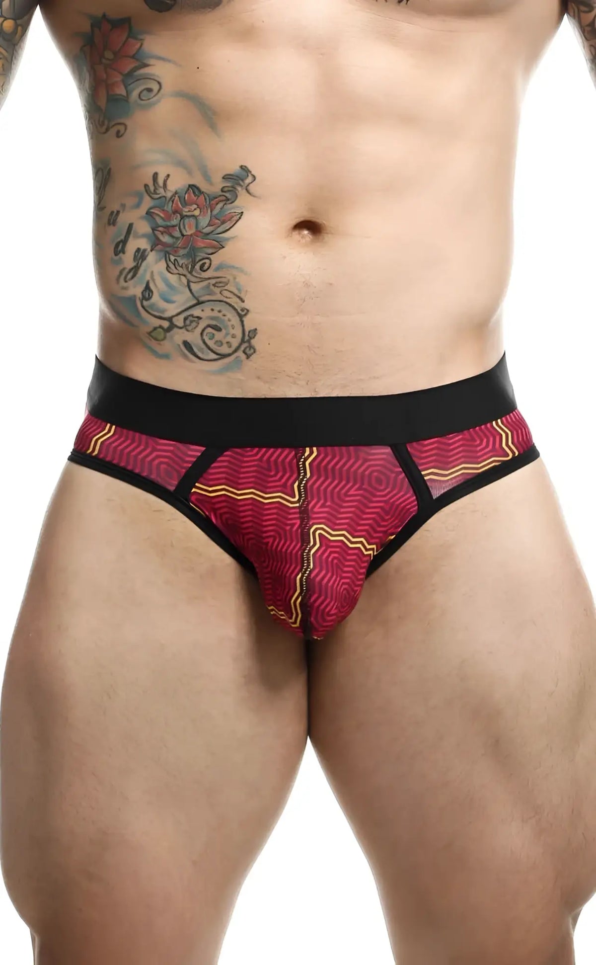 Malebasics brief sexy pouch vibrant red and yellow patterned briefs with black trim for stylish comfort