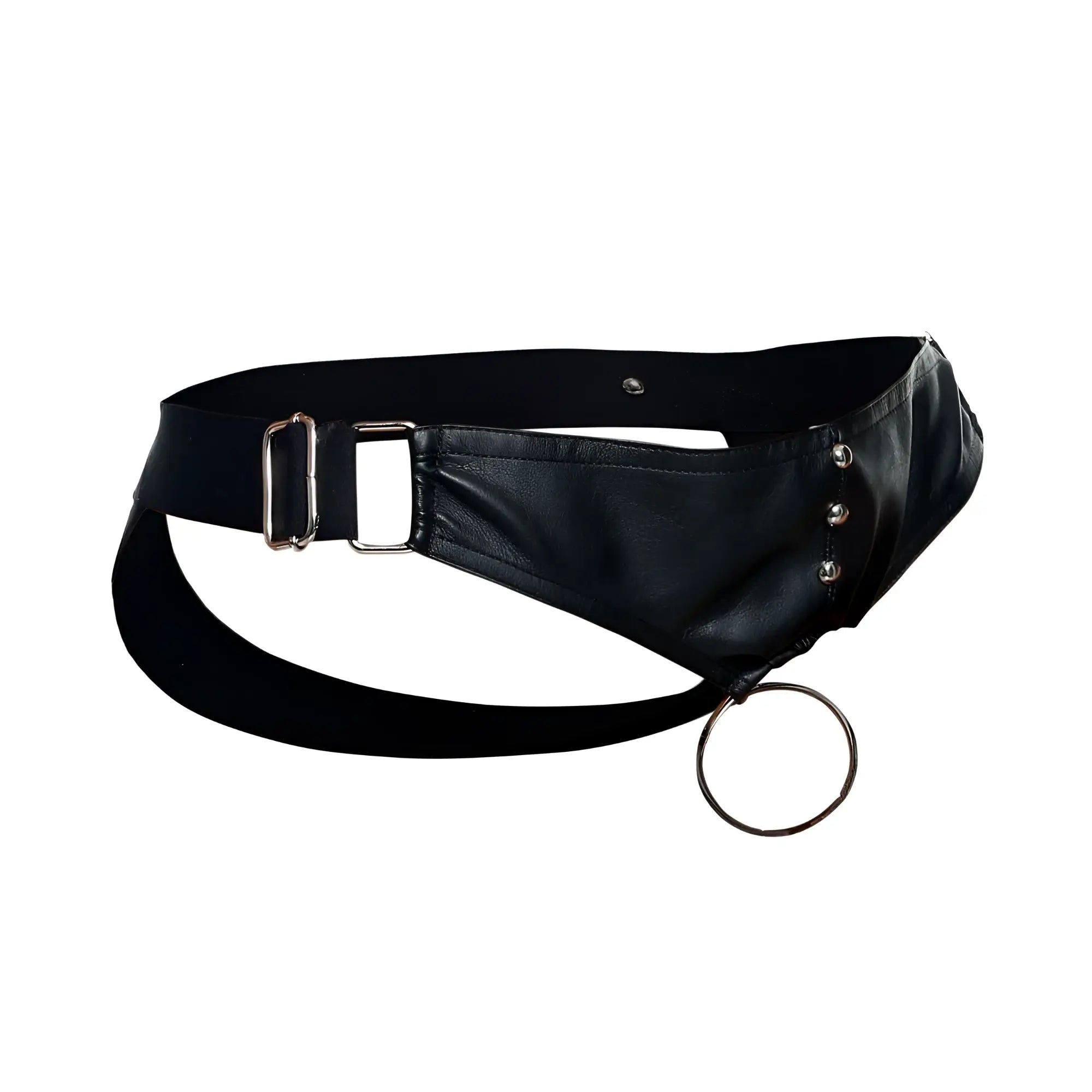 Malebasics black leather cockring jockstrap with silver-toned buckle and ring attachment visible from front