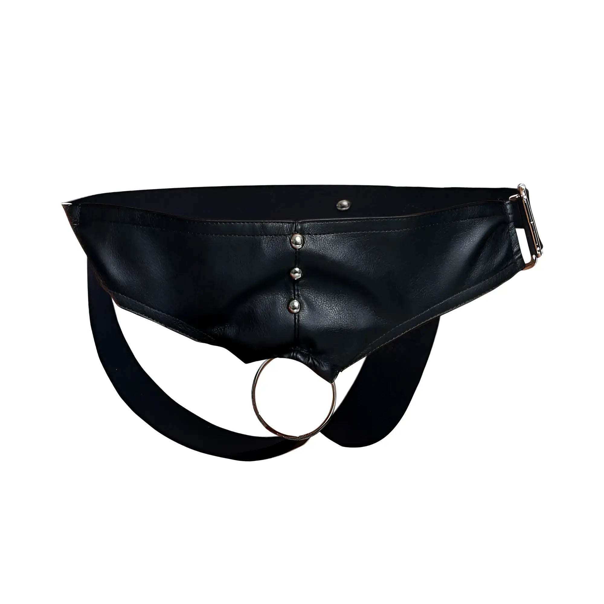 Black leather maleBasics DMBL01 DNGEON cockring jockstrap with silver metal ring and buckle in black color