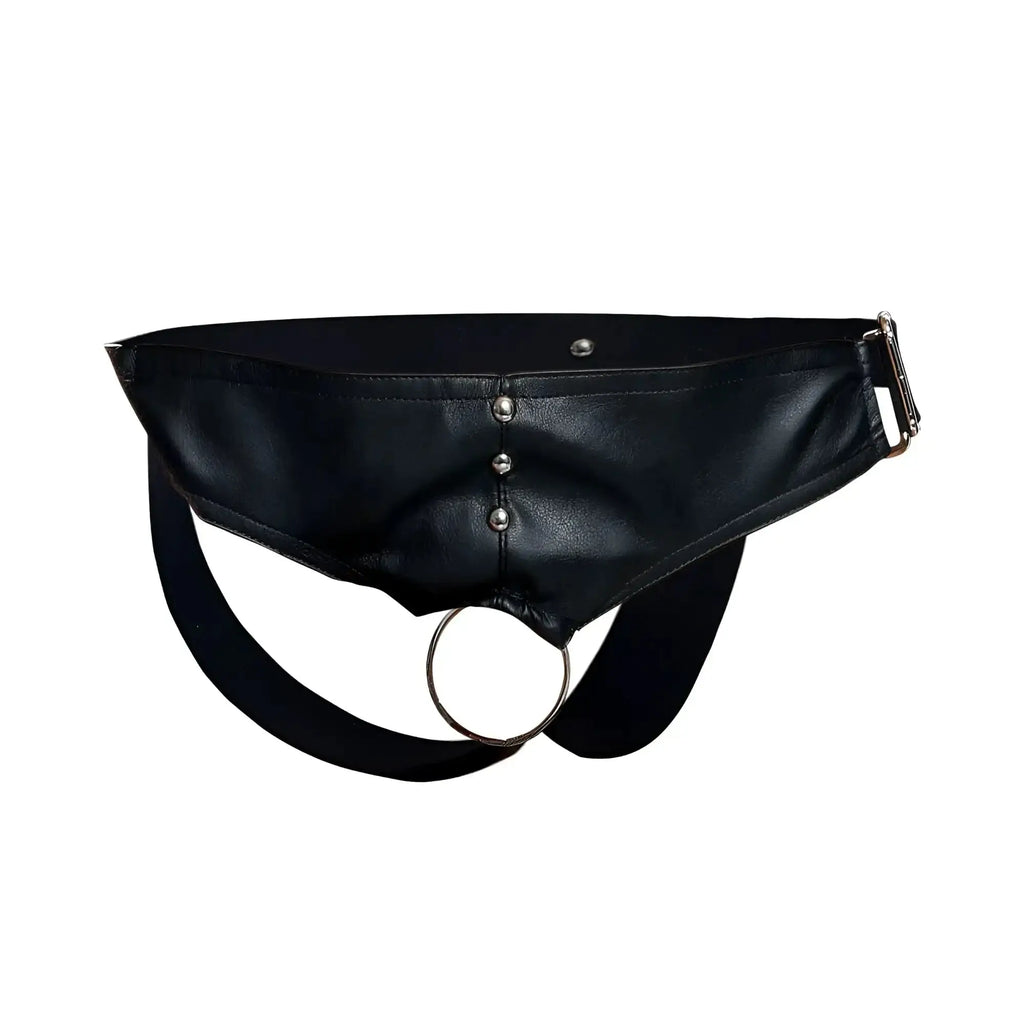 Black leather maleBasics DMBL01 DNGEON cockring jockstrap with silver metal ring and buckle in black color