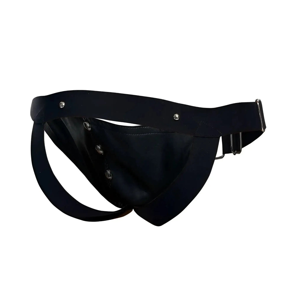 Malebasics black leather thong cockring jockstrap with silver metal hardware and adjustable strap shown from the back