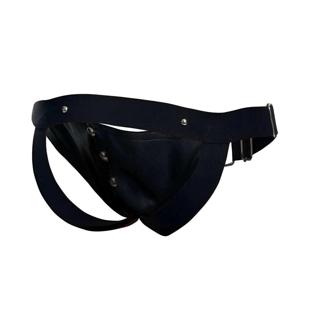 Malebasics black leather thong cockring jockstrap with silver metal hardware and adjustable strap shown from the back