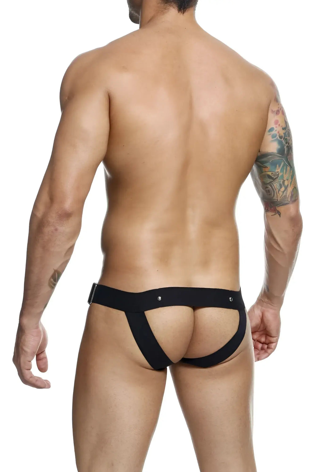 Black malebasics dmbly01 dngeon cockring jockstrap back view with open-back briefs elastic waistband and adjustable straps