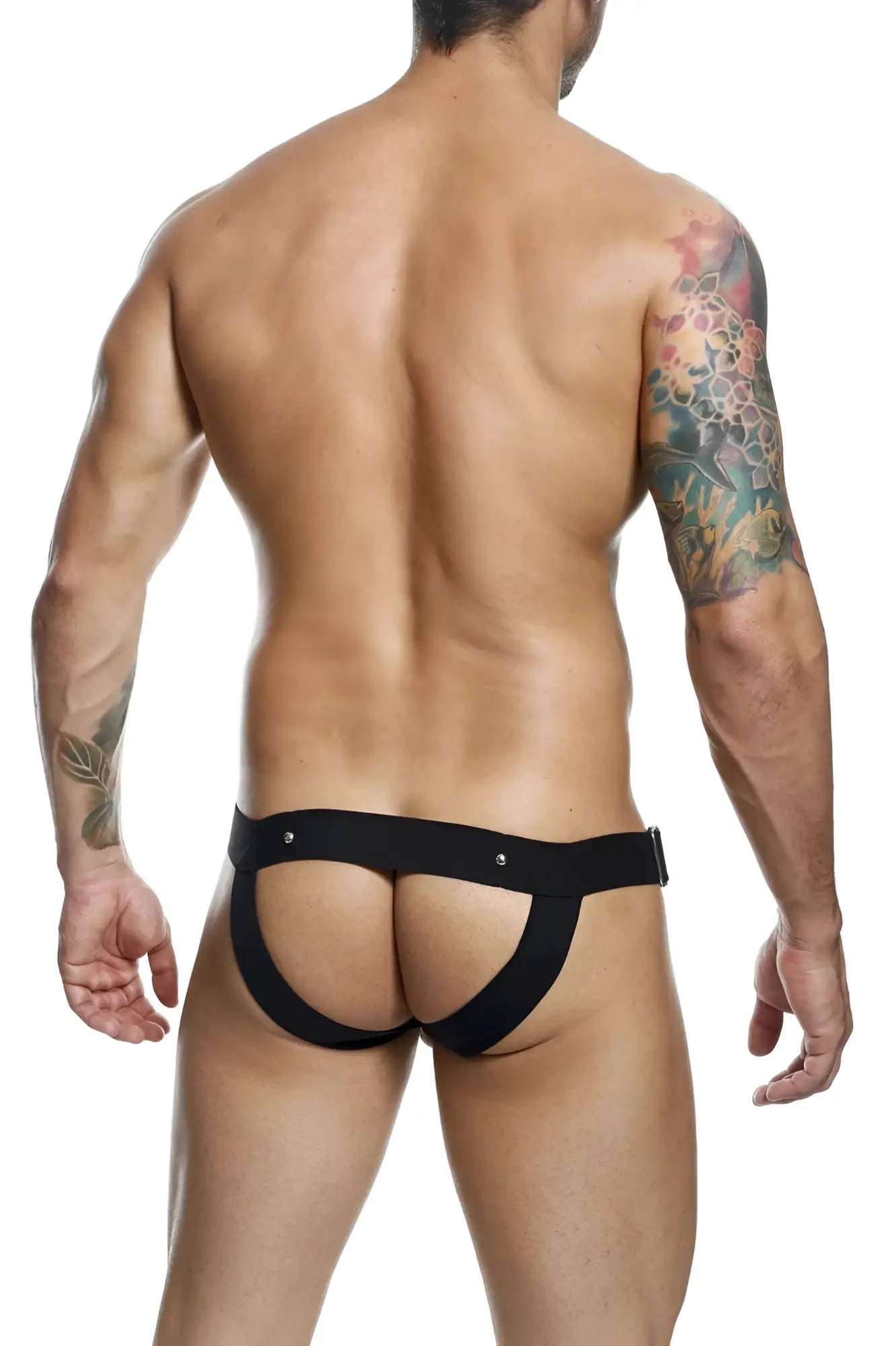 Black sleek form-fitting male basics dmble01 dngeon cockring jockstrap with contoured design in black color