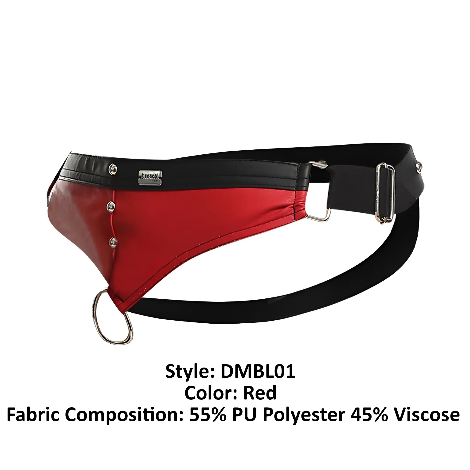 Malebasics dmblo1 dngeon cockring jockstrap in red with red and black leather-like harness belt and silver metal hardware