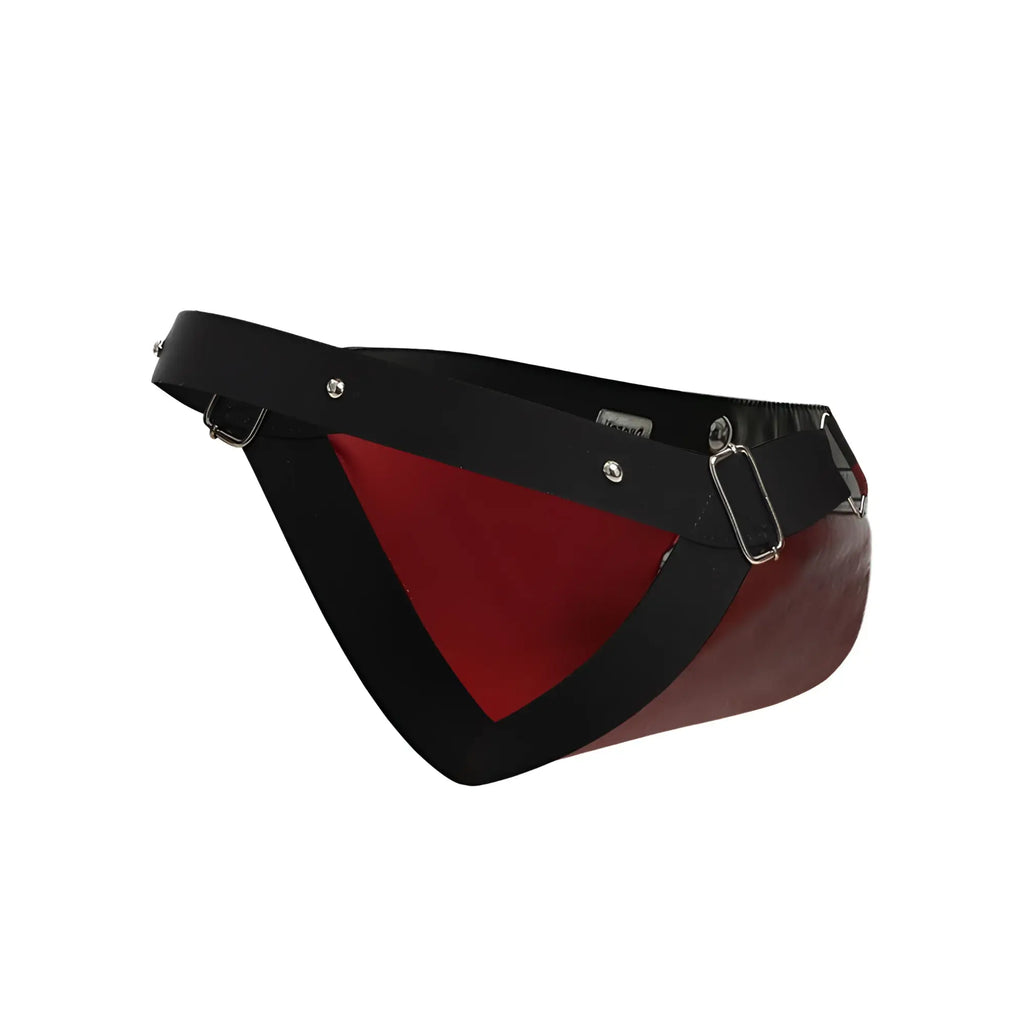 Malebasics dmblo1 dngeon cockring jockstrap in red featuring a black and red patent leather fanny pack with silver hardware