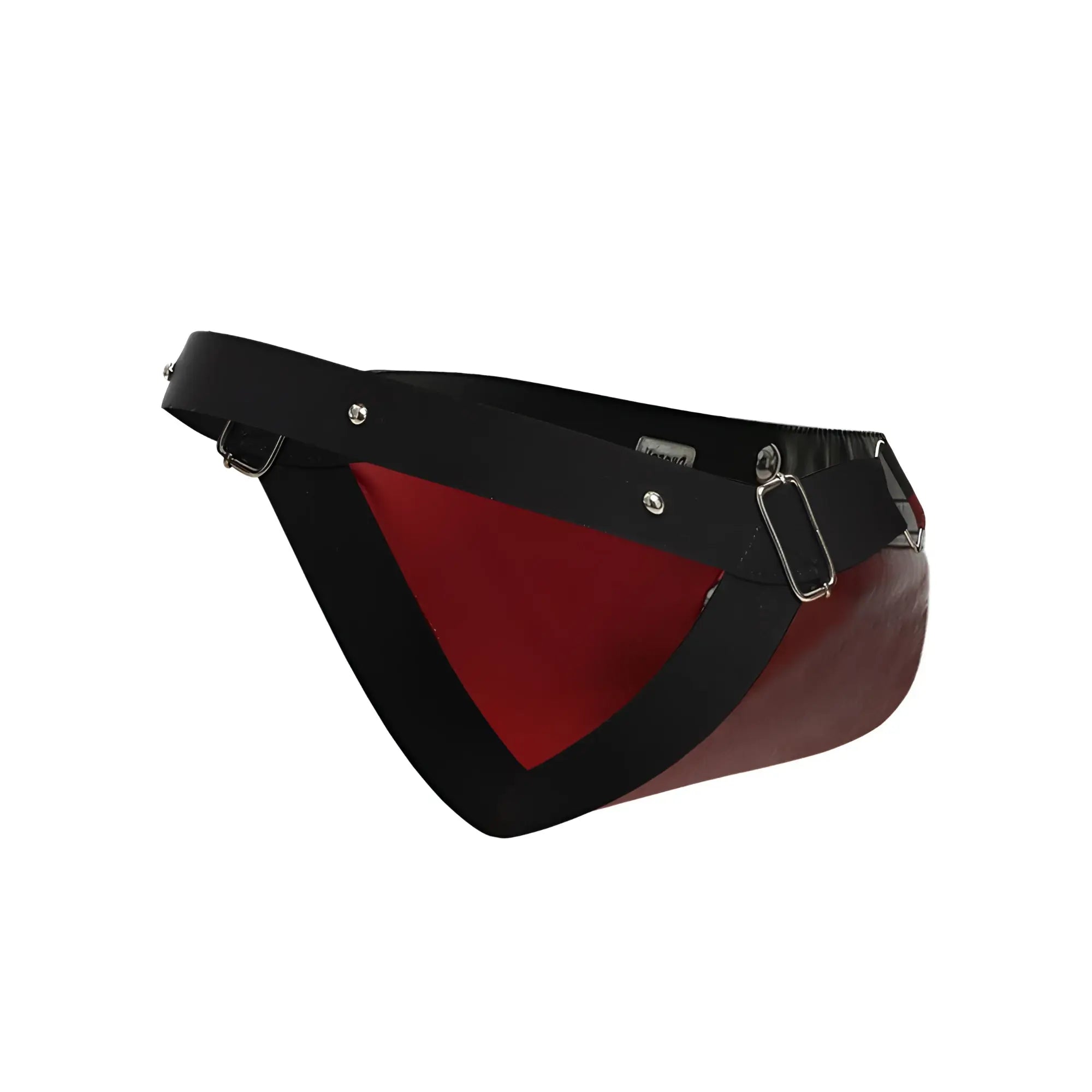 Malebasics dmblo1 dngeon cockring jockstrap in red featuring a black and red patent leather fanny pack with silver hardware