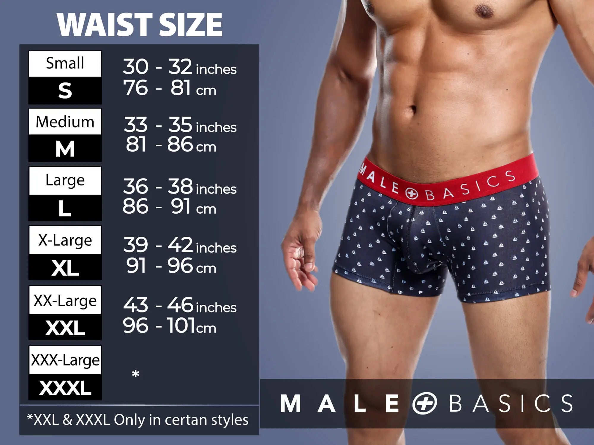 Navy blue malebasics boxer briefs with red elastic waistband and white sailboat pattern in dmble01 dngeon design
