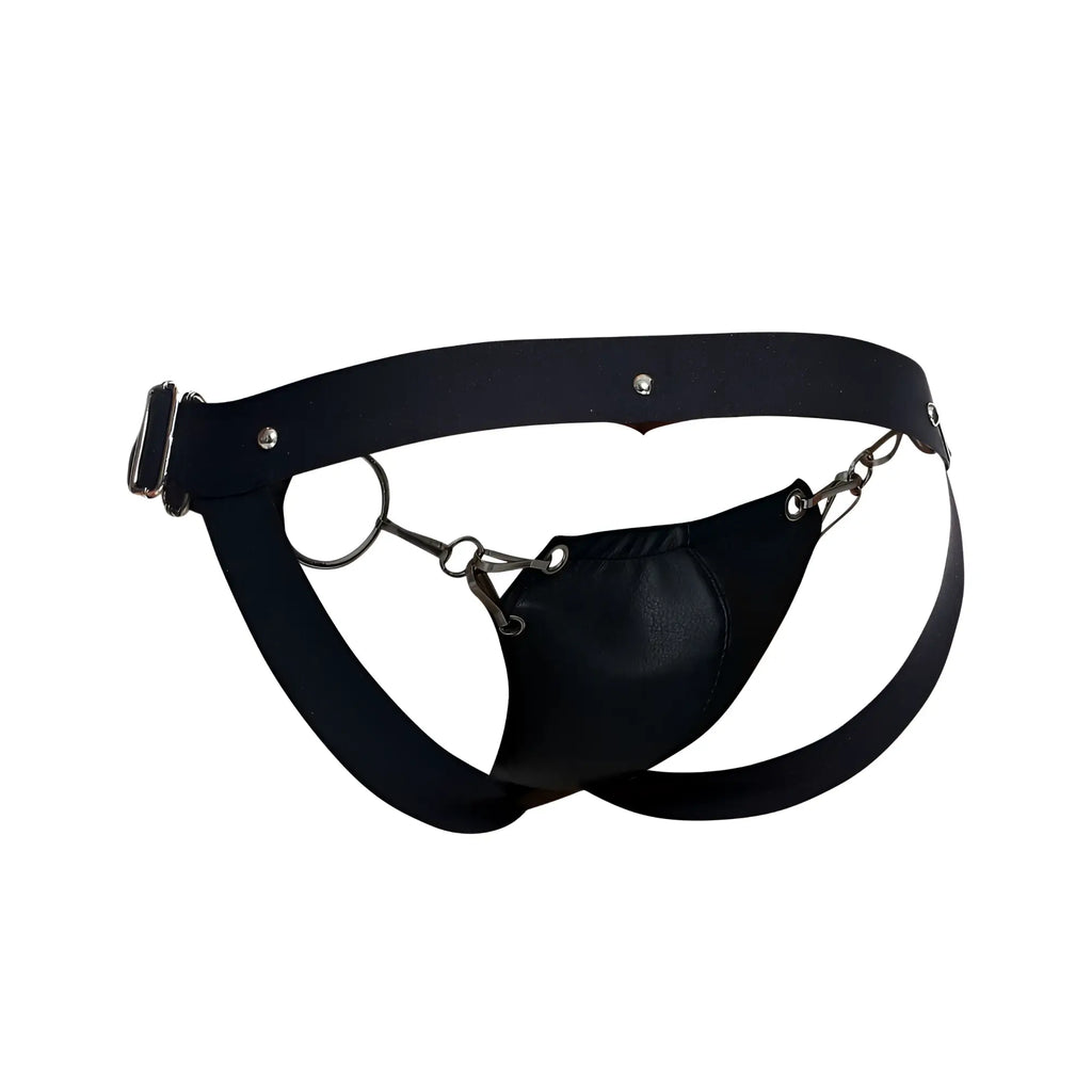 Malebasics dmbl03 dngeon snap jockstrap in black leather with metal chain and buckle detailing